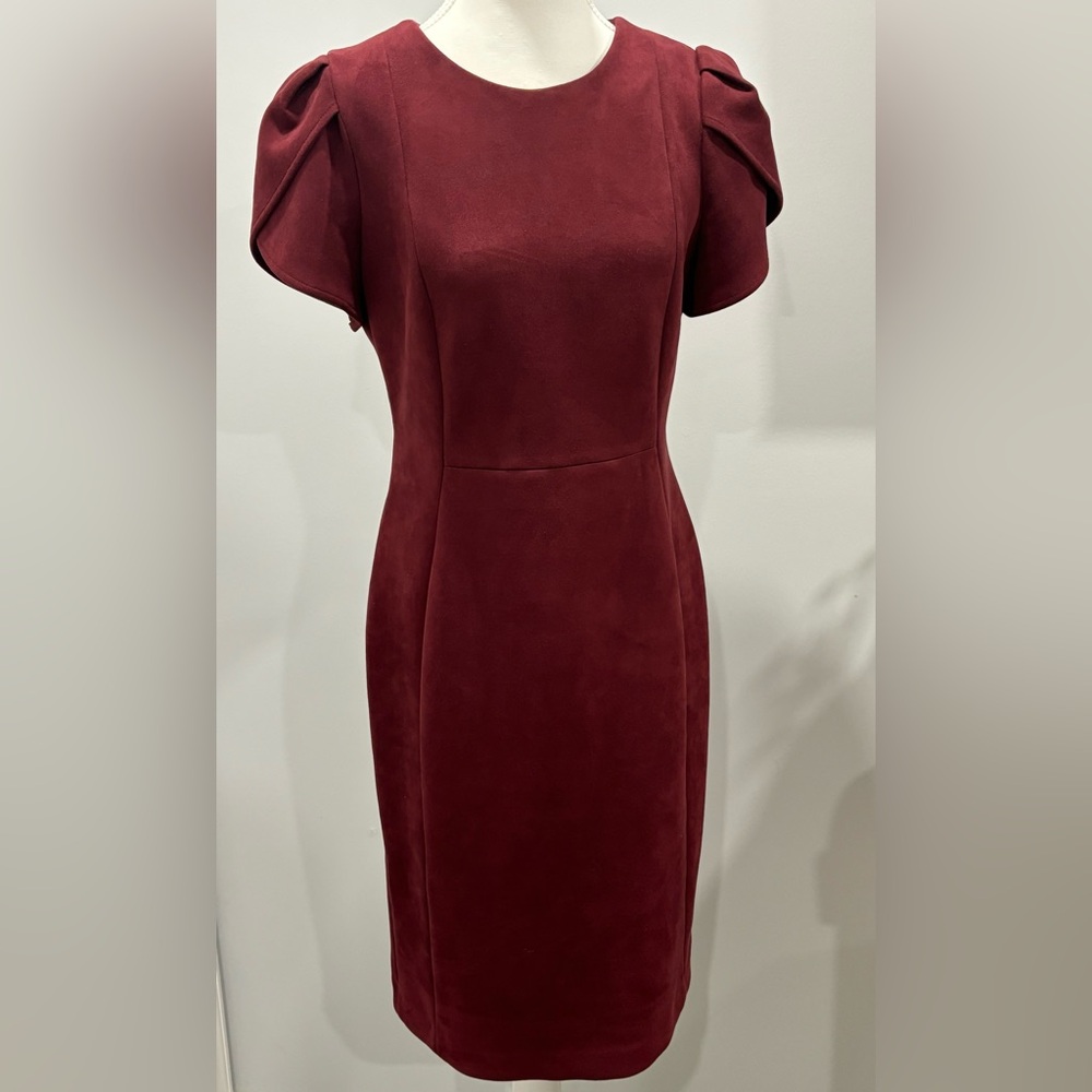 Calvin Klein faux-suede short-sleeve sheath dress Size 8 Burgundy Tulip Sleeve